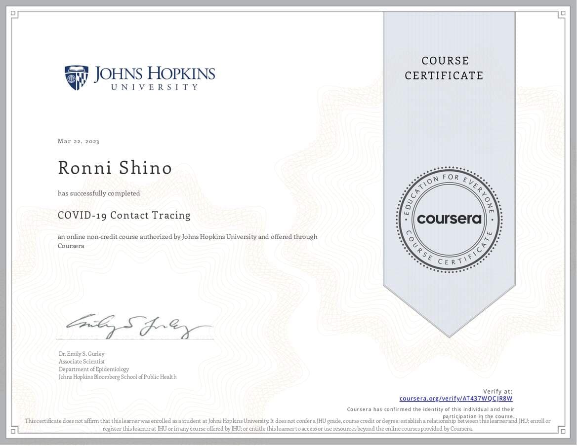 COVID-19 Contact Tracing Certificate certificate