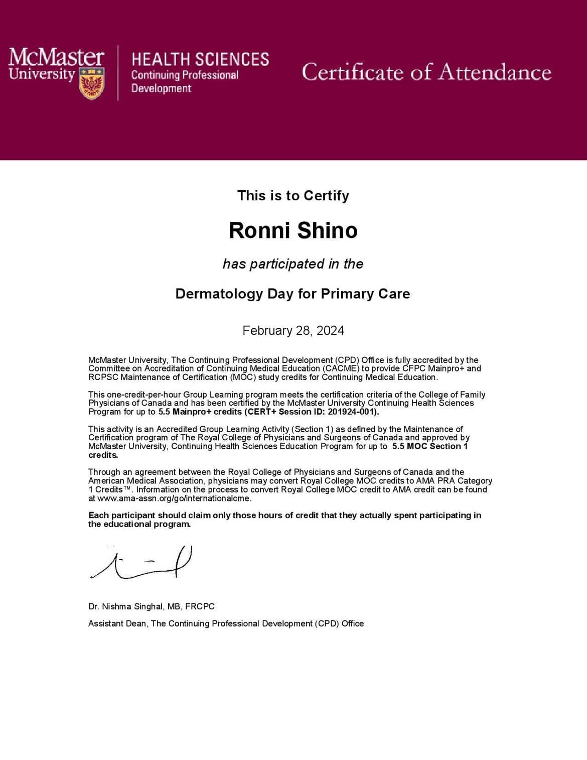 Dermatology Day for Primary Care certificate