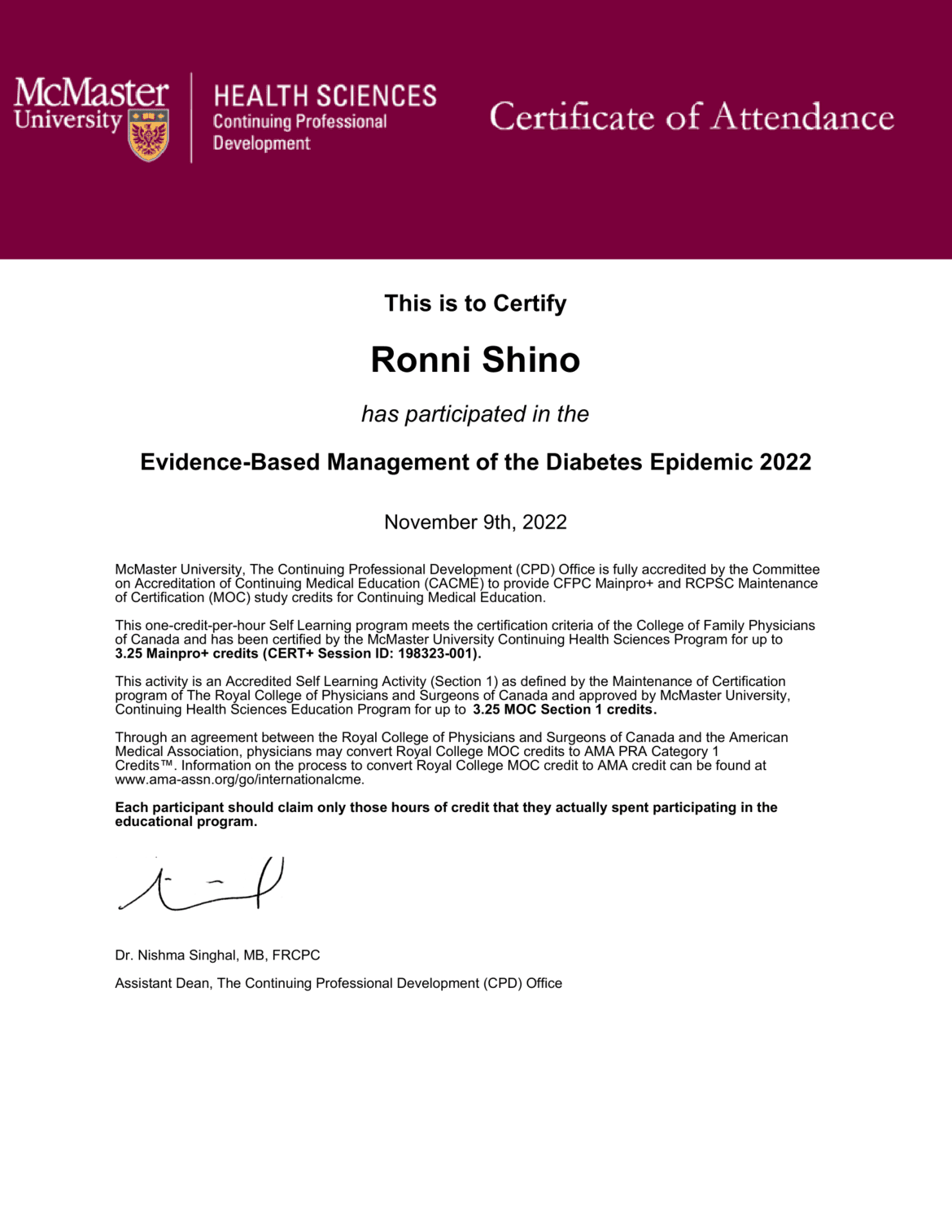 Evidence-Based Management of the Diabetes Epidemic 2022 certificate