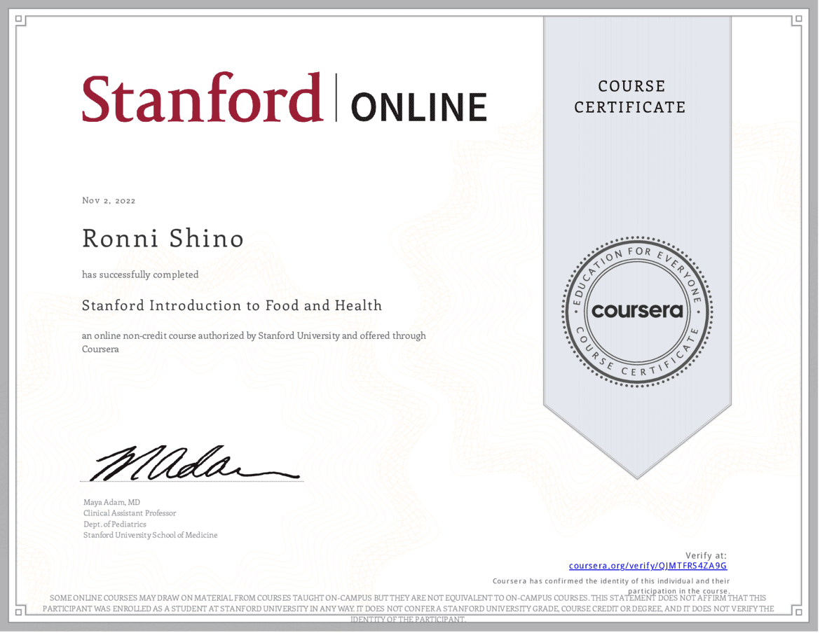 Stanford Introduction to Food and Health Certificate certificate