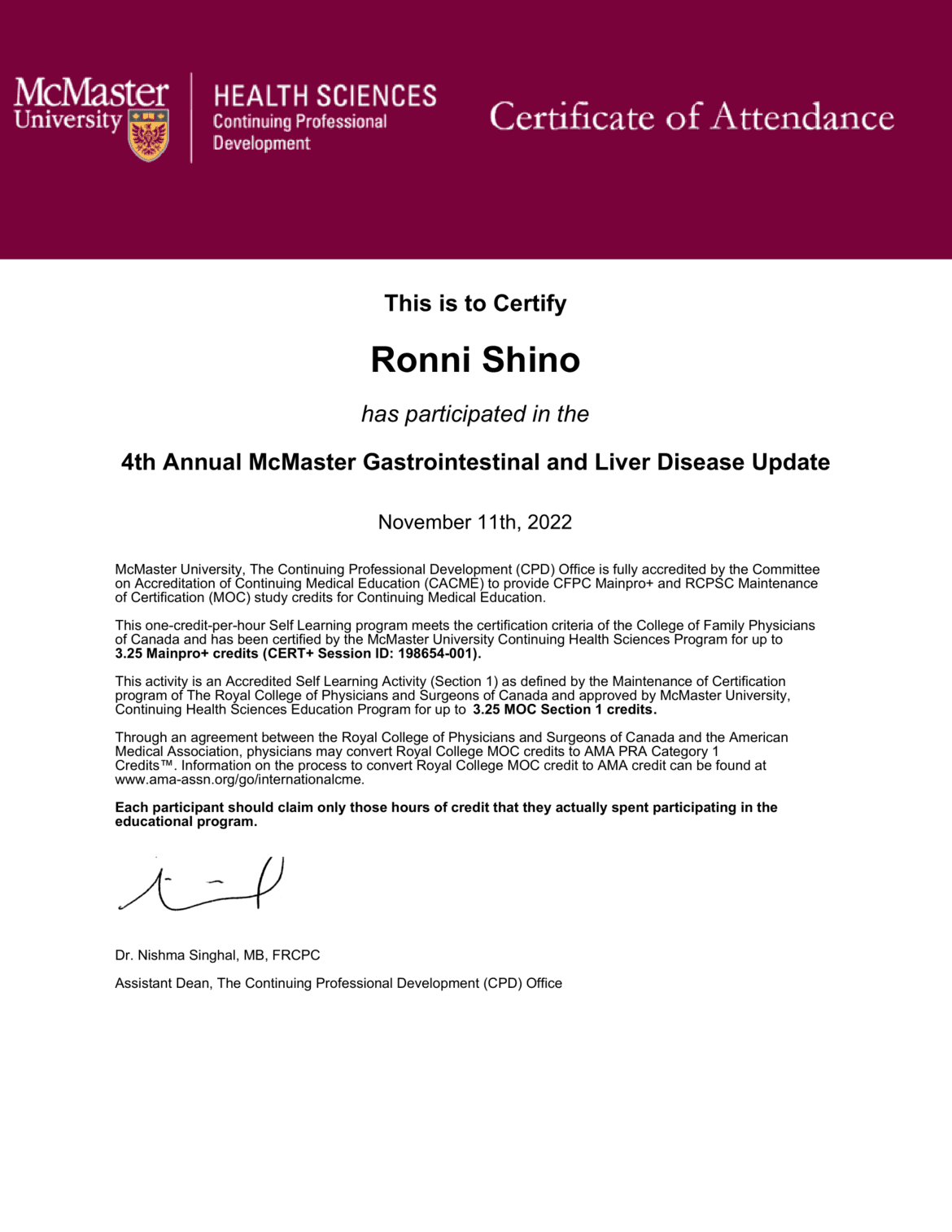 4th Annual McMaster Gastrointestinal and Liver Disease Update certificate
