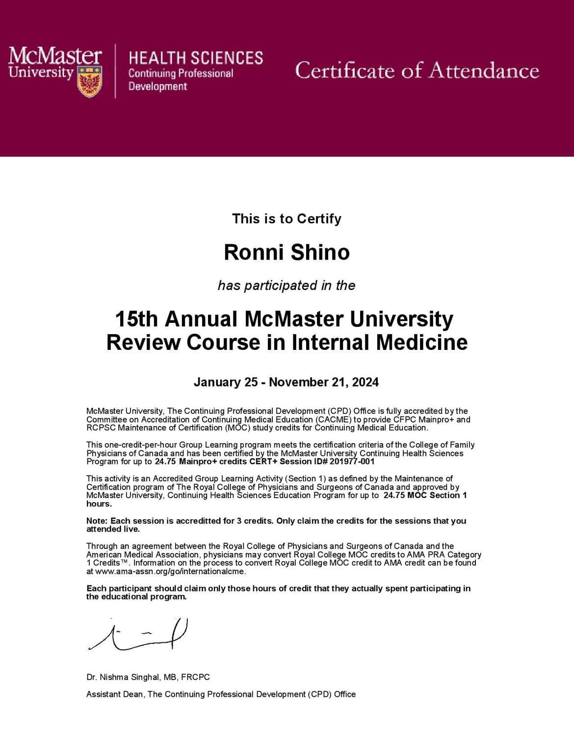 15th McMaster University Review Course in Internal Medicine certificate