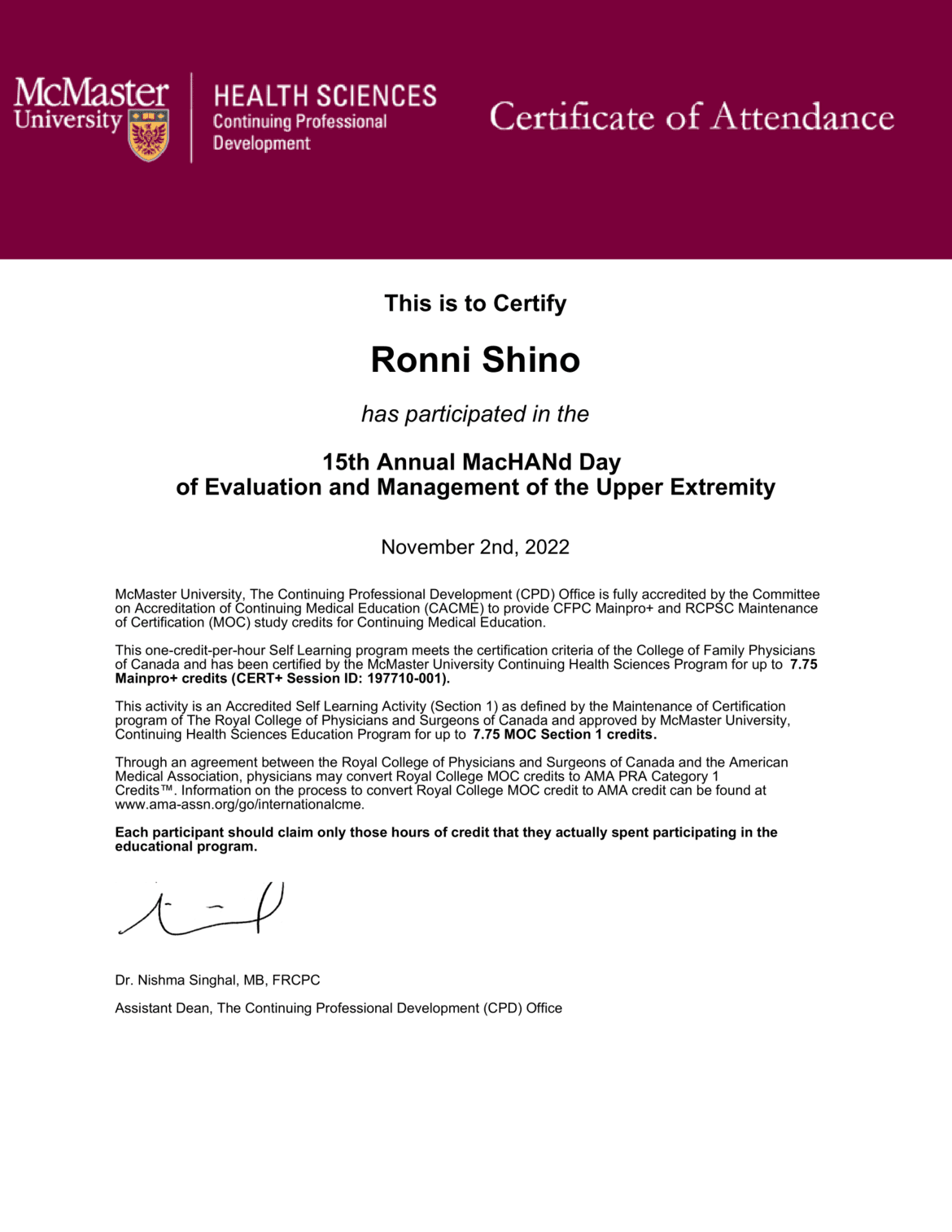 15th Annual MacHANd Day of Evaluation and Management of the Upper Extremity certificate