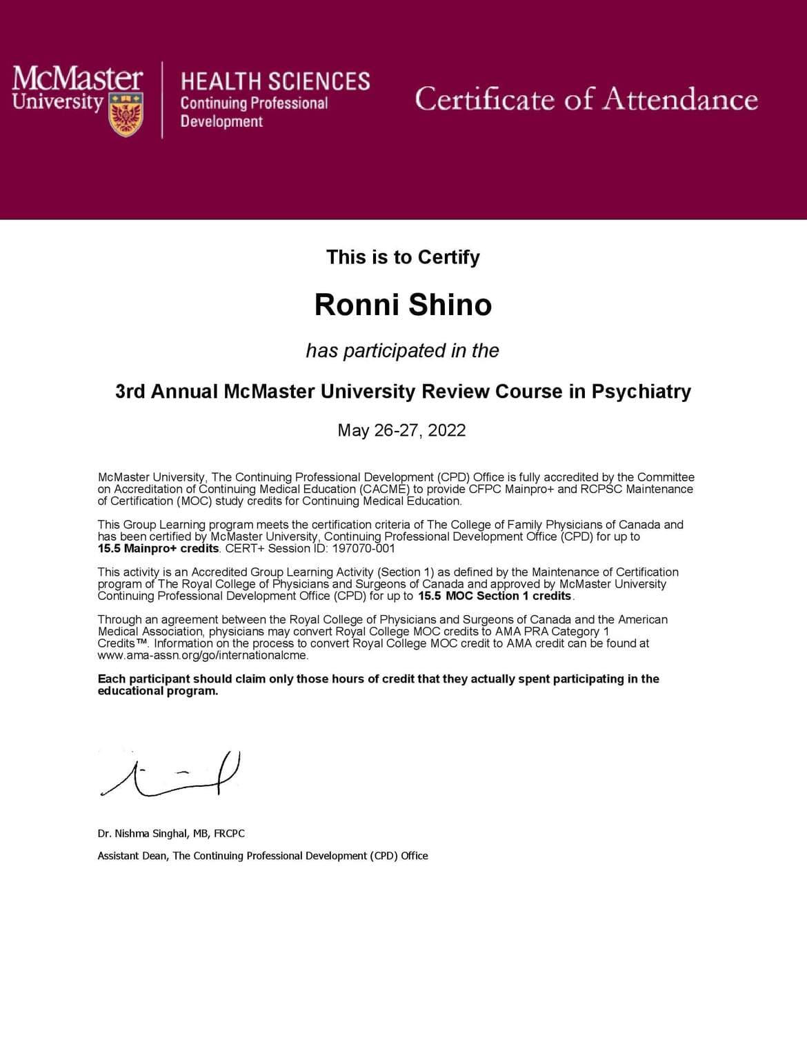 3rd Annual McMaster University Review Course in Psychiatry certificate