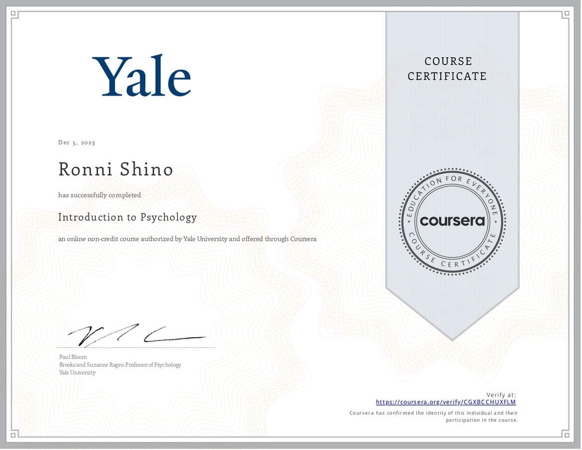Introduction to Psychology Certificate certificate