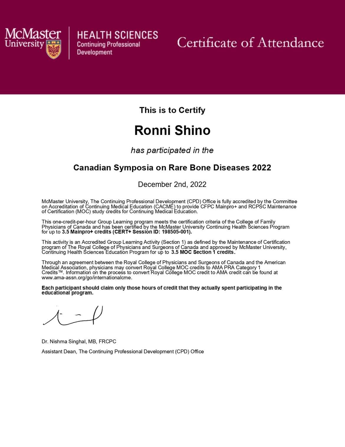Canadian Symposia on Rare Bone Diseases 2022 certificate