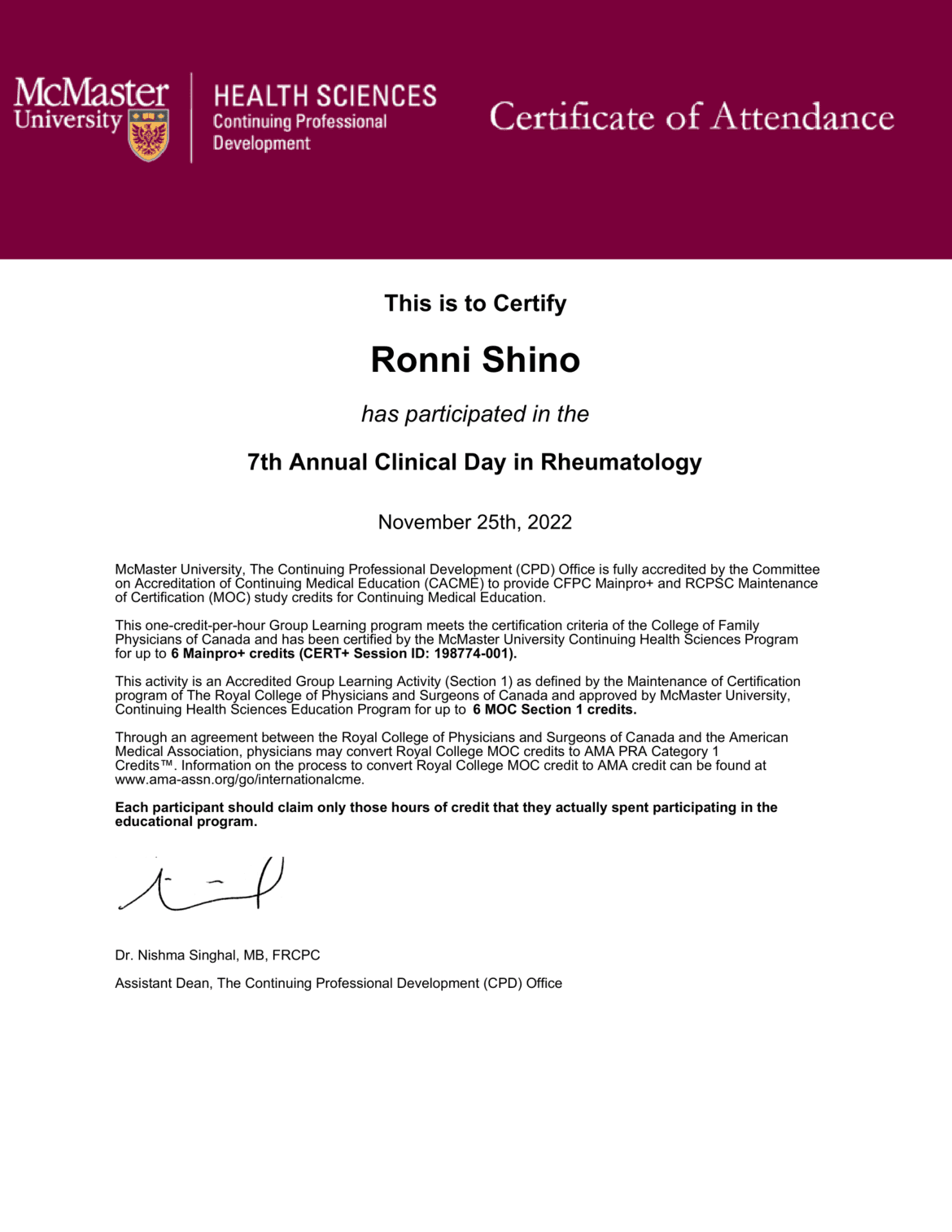 7th Annual Clinical Day in Rheumatology certificate